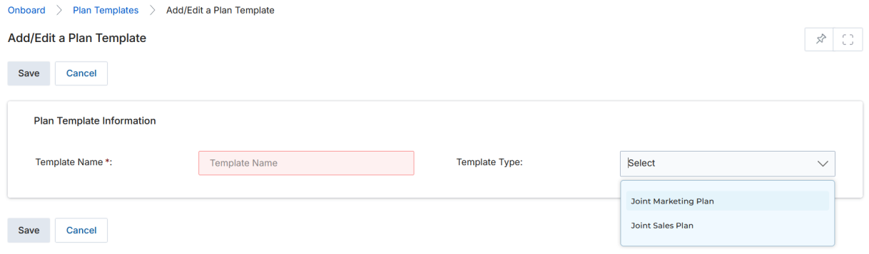 Add/Edit a Plan Template — Template Name field and Template Type dropdown showing Joint Marketing Plan and Joint Sales Plan options