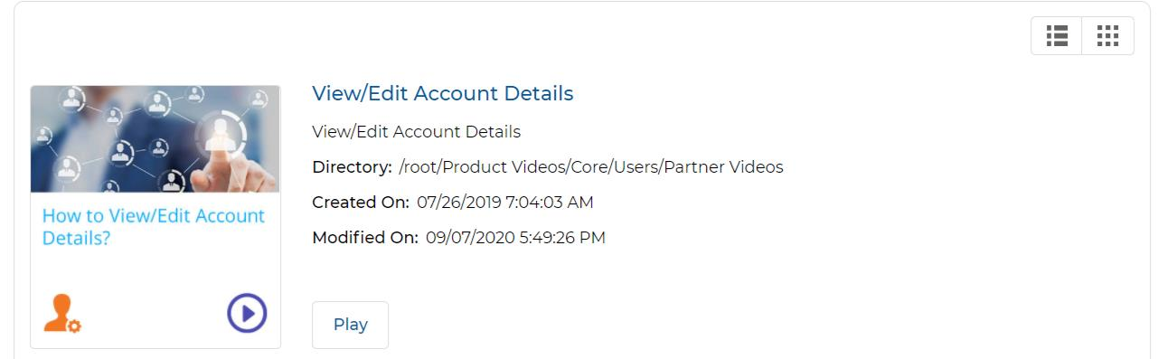 Video listing card showing How to View Edit Account Details thumbnail, Directory, Created On, Modified On, and Play button