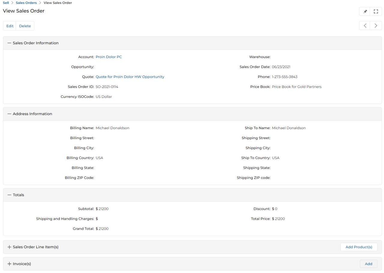 View Sales Order detail page showing Edit and Delete buttons, Sales Order Information, Address Information, Totals, Sales Order Line Items, and Invoice(s) sections
