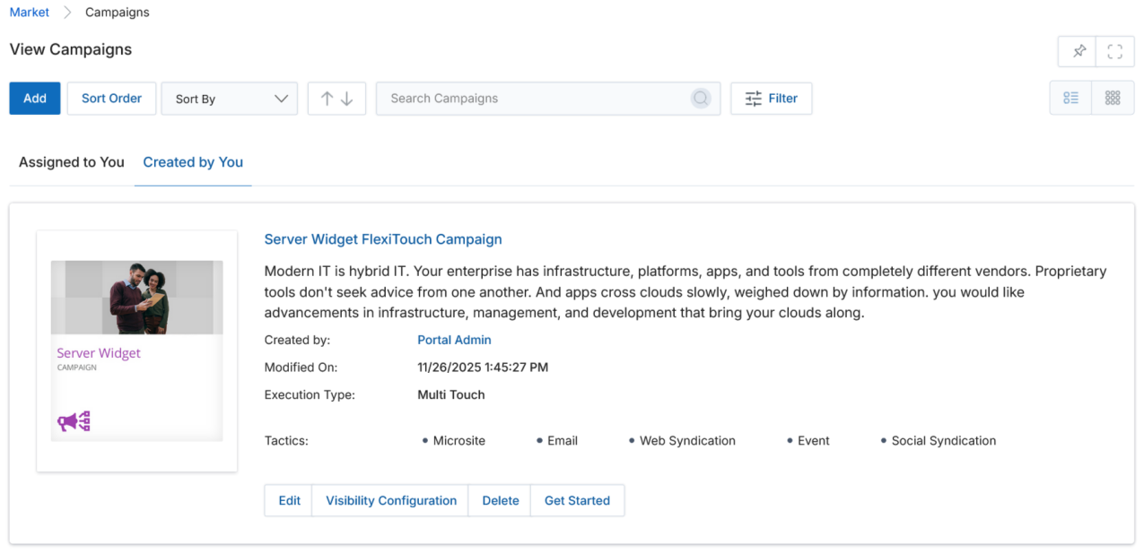View a Campaign page showing Edit, Visibility Configuration, Get Started, Delete and Manage Multi-Touch action buttons