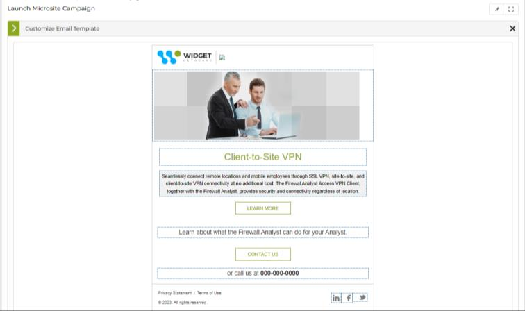 Email template editor showing dotted-line editable areas with a highlighted text block showing grey hover state