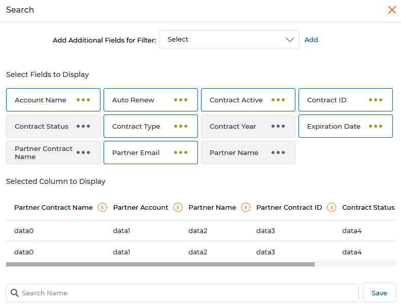 Create New View for Partner Contracts — available filter fields with column selection and Save functionality