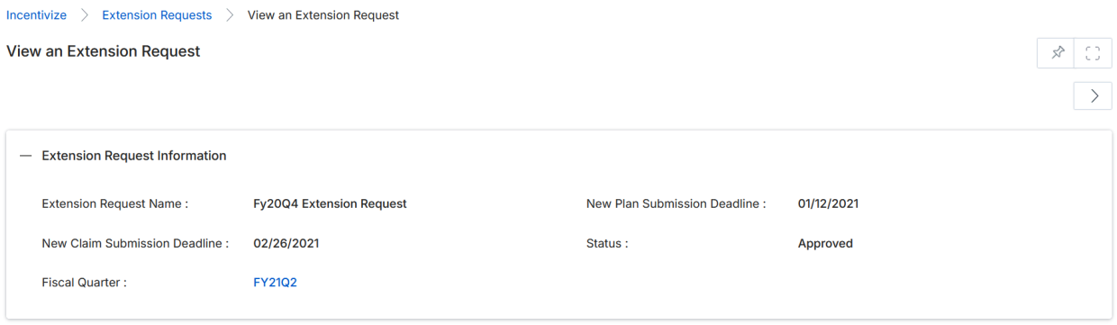 View an Extension Request page showing Extension Request Information with request name, new plan submission deadline, new claim submission deadline, status, and fiscal quarter