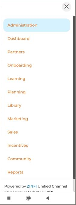 UPM mobile right-hand menu with Administration selected, and left-hand Administration sub-menu