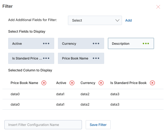 Filter panel — available fields: Active, Currency, Description, Is Standard Price Book, Price Book Name with Selected Column to Display preview