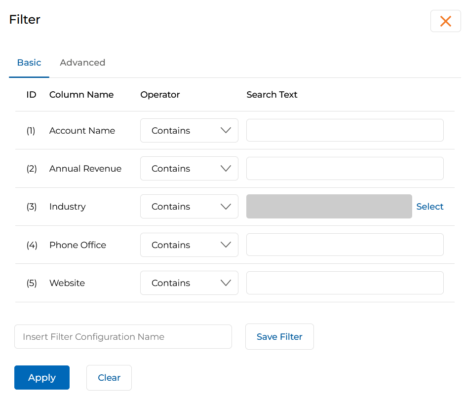 View Accounts list — Account Name, Website, Phone Office, and Assigned User ID columns
