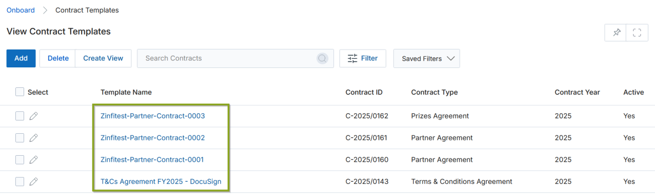 View a Contract Template — Contract Template Information section with Edit and Delete action buttons