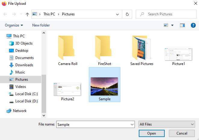 Windows File Upload dialog for selecting files from the local file system
