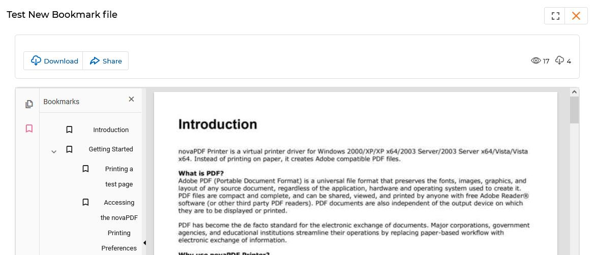 PDF preview showing Bookmarks sidebar with Introduction, Getting Started, Printing a test page, Accessing the novaPDF Printing Preferences items and document content on the right