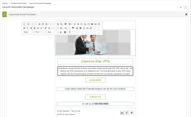 Email template editor showing social connector icons in the footer with a Link dialog open for editing the URL and link type