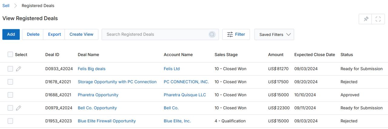 View Registered Deals listing page showing deal ID, name, account, stage, amount, expected close date, and status