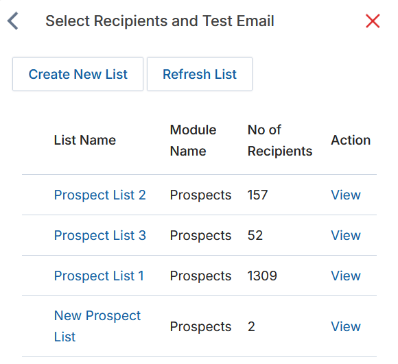 Select Recipients slide-out panel showing lists: Prospect List 2 (157), Prospect List 3 (52), Prospect List 1 (1309), New Prospect List (2) with Create New List and Refresh List buttons