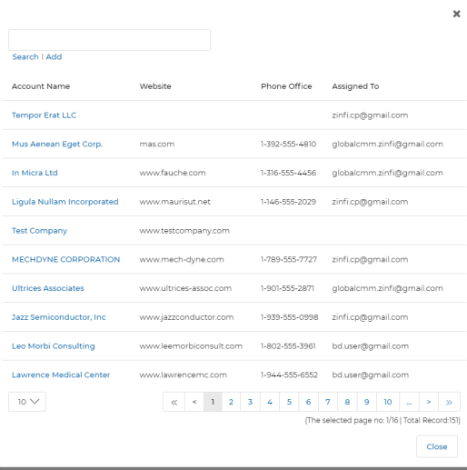 Account Name lookup — picker showing Account Name, Website, Phone Office, and Assigned To columns