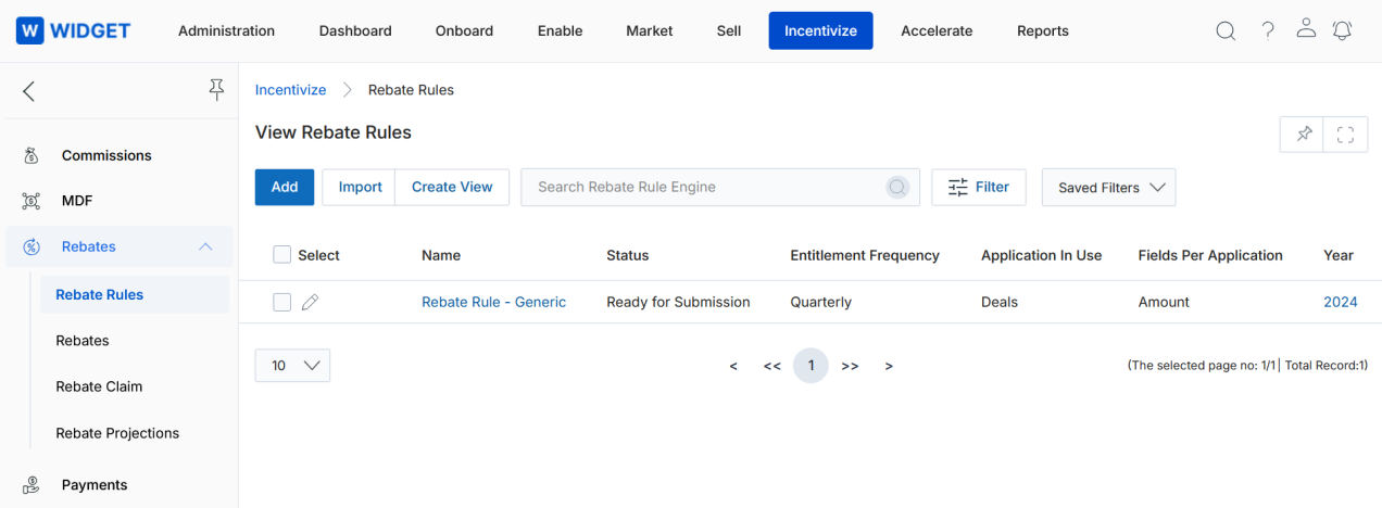 View Rebate Rules list showing Add, Import, Create View toolbar with one sample rule: Rebate Rule - Generic, Ready for Submission, Quarterly, Deals, Amount, 2024