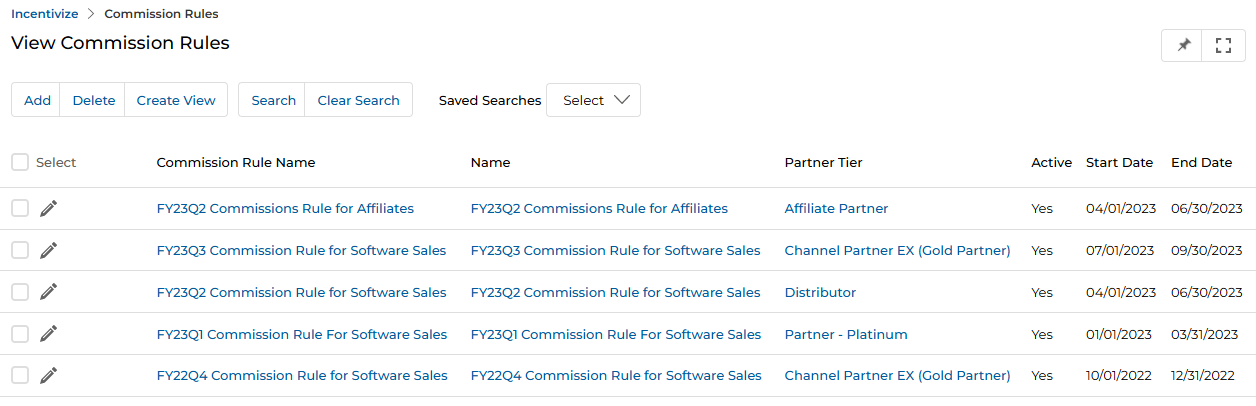 View Commission Rules listing — click a rule name to open its details