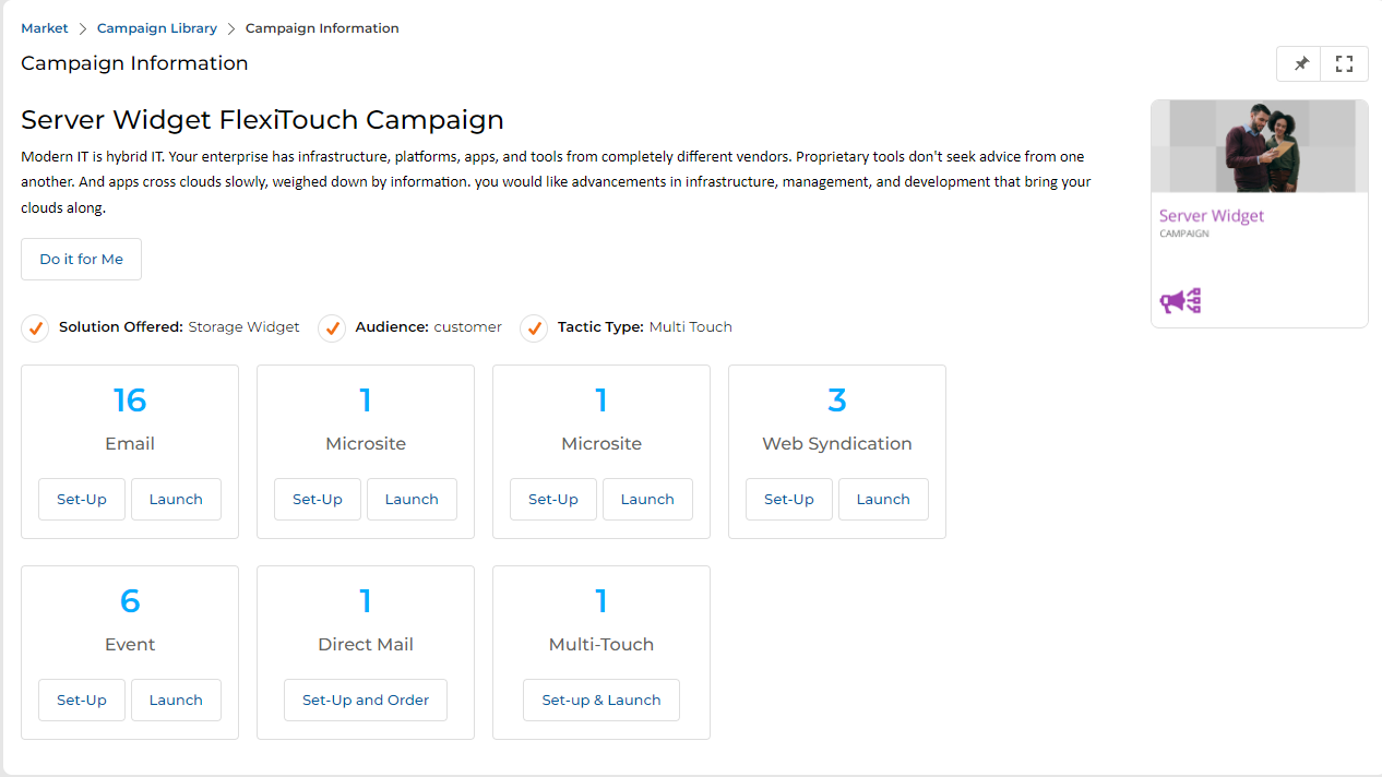 Campaign Information page for Server Widget FlexiTouch Campaign showing tactic tiles including 1 Multi-Touch with Set-up and Launch buttons highlighted