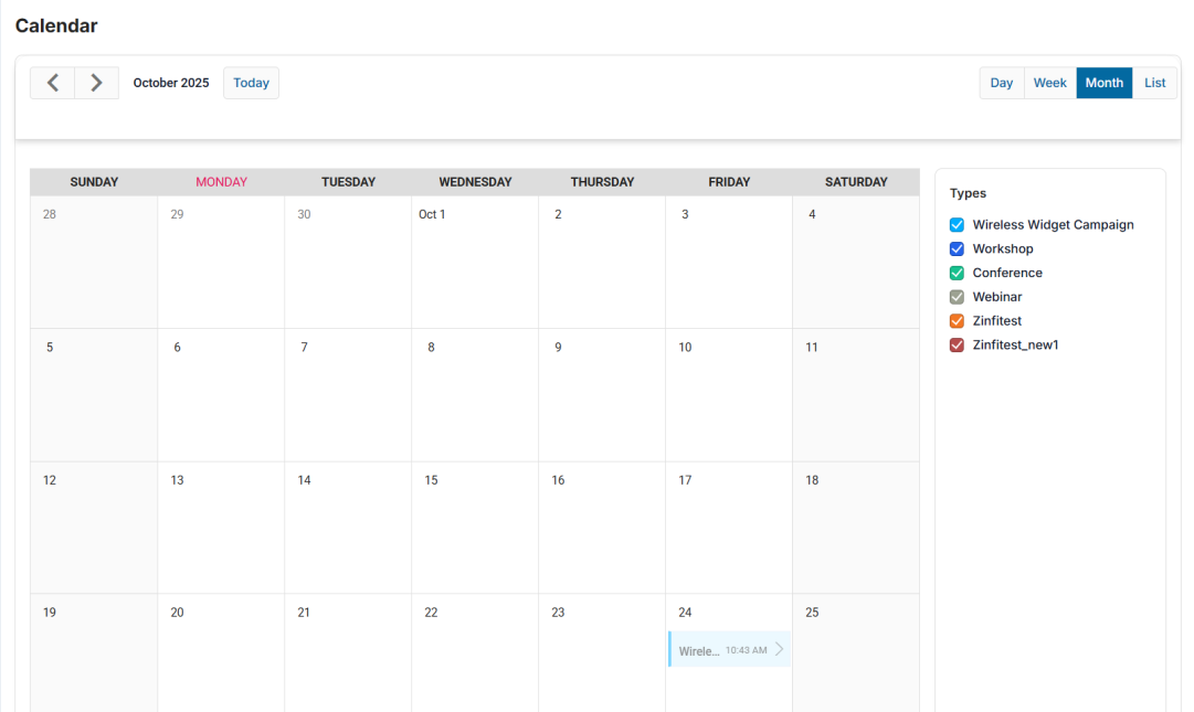 Calendar view for October 2025 showing events with Day/Week/Month/List toggles and Types filter panel