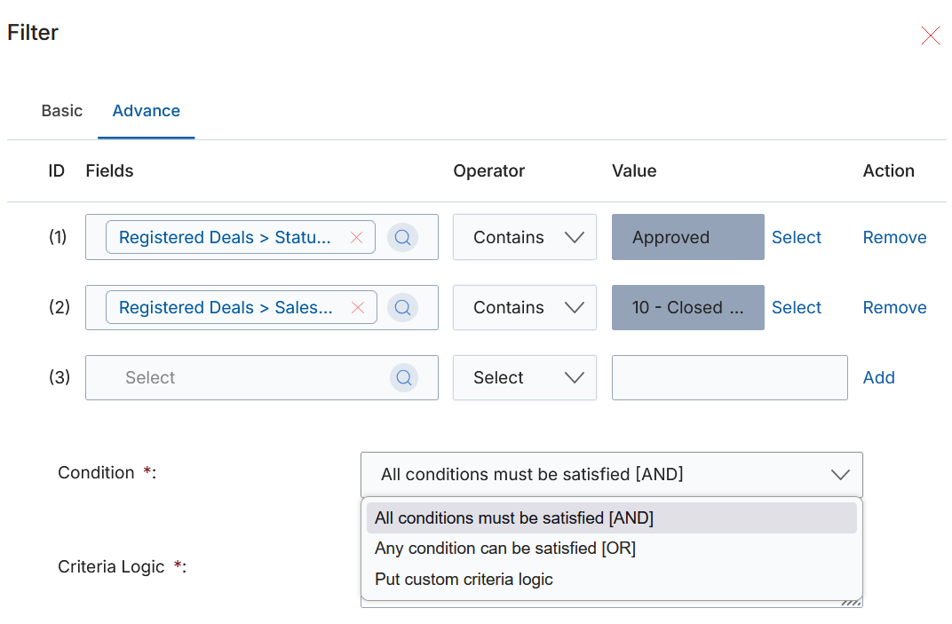 Criteria Logic dropdown showing three options: All conditions must be satisfied [AND], Any condition can be satisfied [OR], and Put custom criteria logic
