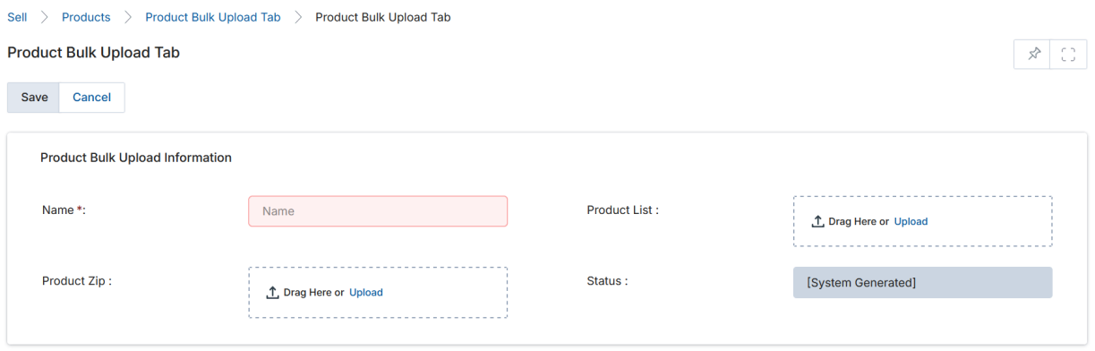Product Bulk Upload Tab — Add and Create View toolbar