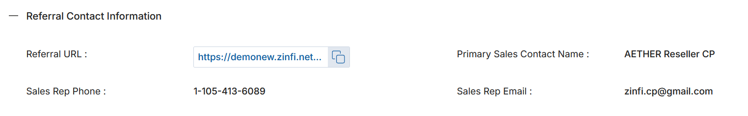 Referral Contact Information section showing Referral URL, Primary Sales Contact Name, Sales Rep Phone, and Sales Rep Email