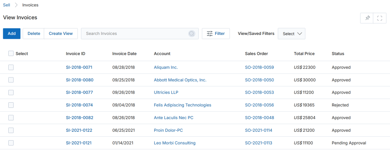 View Invoices list with one record showing Pending Approval status, alongside other Approved and Rejected records