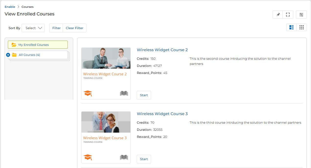 My Enrolled Courses view showing enrolled courses with Start button