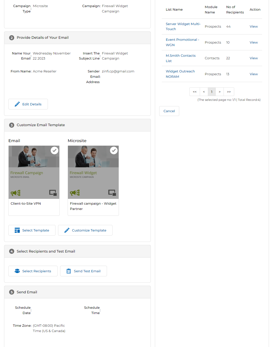 Select Recipients and Test Email section showing mailing list options: Server Widget Multi-Touch (44 Prospects), Event Promotional-WGN (10), M.Smith Contacts List (22 Contacts), Widget Outreach NORAM (13)