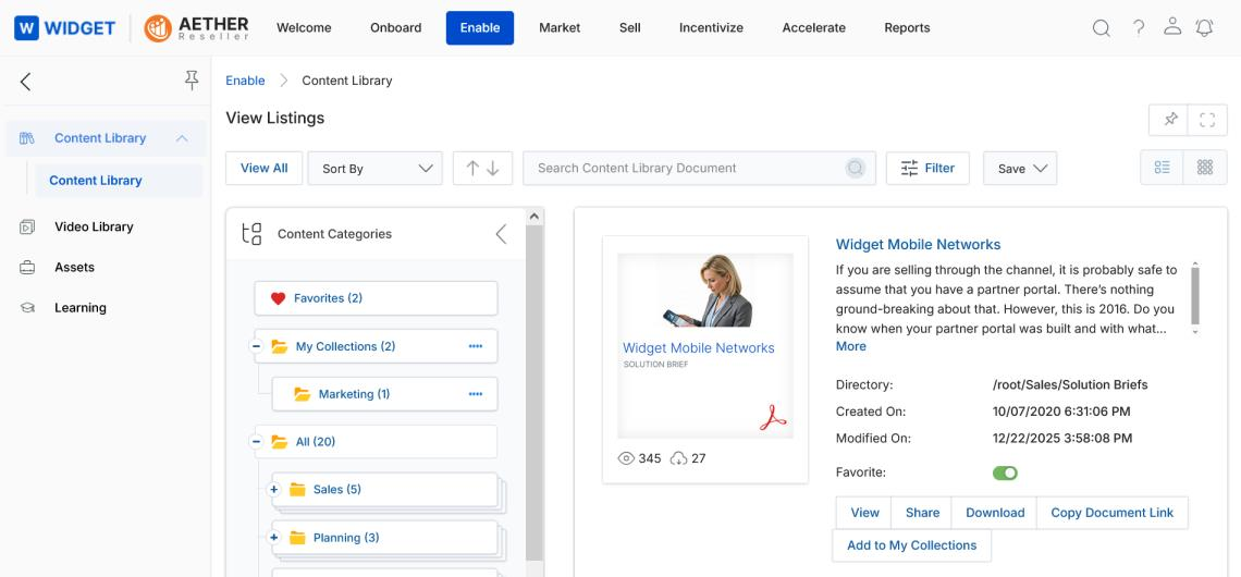 View Listings page showing Content Categories tree on left, a document card with View Share Download buttons, and Sort/Filter toolbar