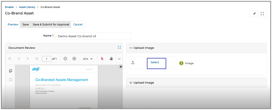 Co-Brand Asset page showing Upload Image section with Select button highlighted