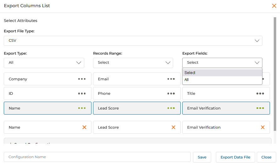 Export Columns List — field selection modal