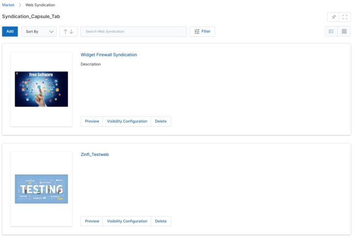 View Showcase — detail page for Widget Firewall Syndication after creation, showing Syndication_Section with Add and Sort Order buttons