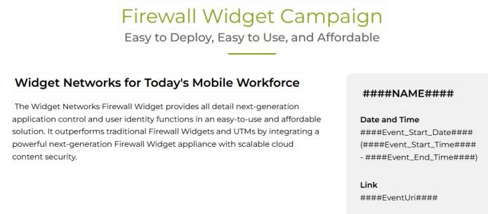 Event registration page showing Firewall Widget Campaign heading with hash code placeholders in the right sidebar: ####NAME####, Date and Time (####Event_Start_Date#### (####Event_Start_Time#### - ####Event_End_Time####)), Link (####EventUri####)