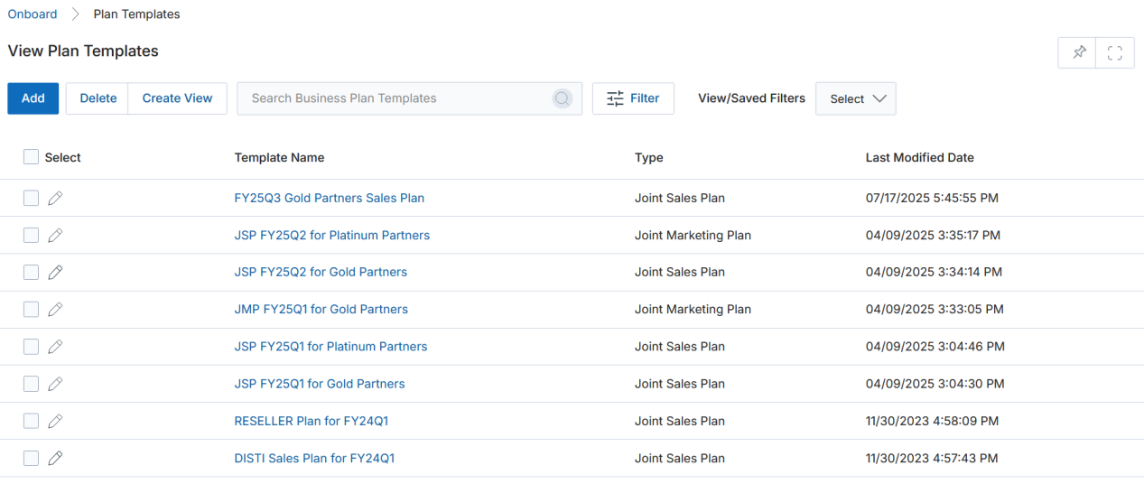 View Plan Templates — listing showing Template Name, Type (Joint Sales Plan / Joint Marketing Plan), and Last Modified Date