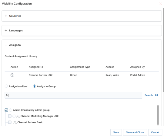 Visibility Configuration — assign to Countries, Languages, and Groups