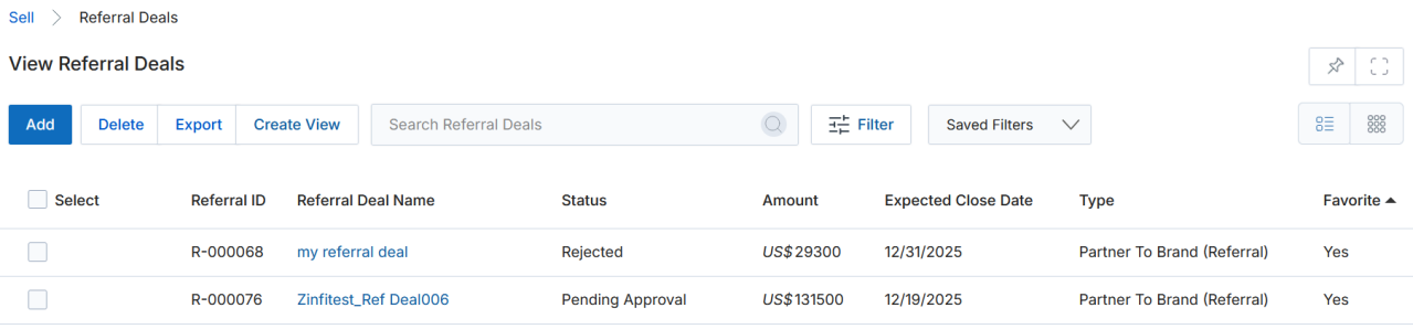 View Referral Deals list with Add button highlighted at top left