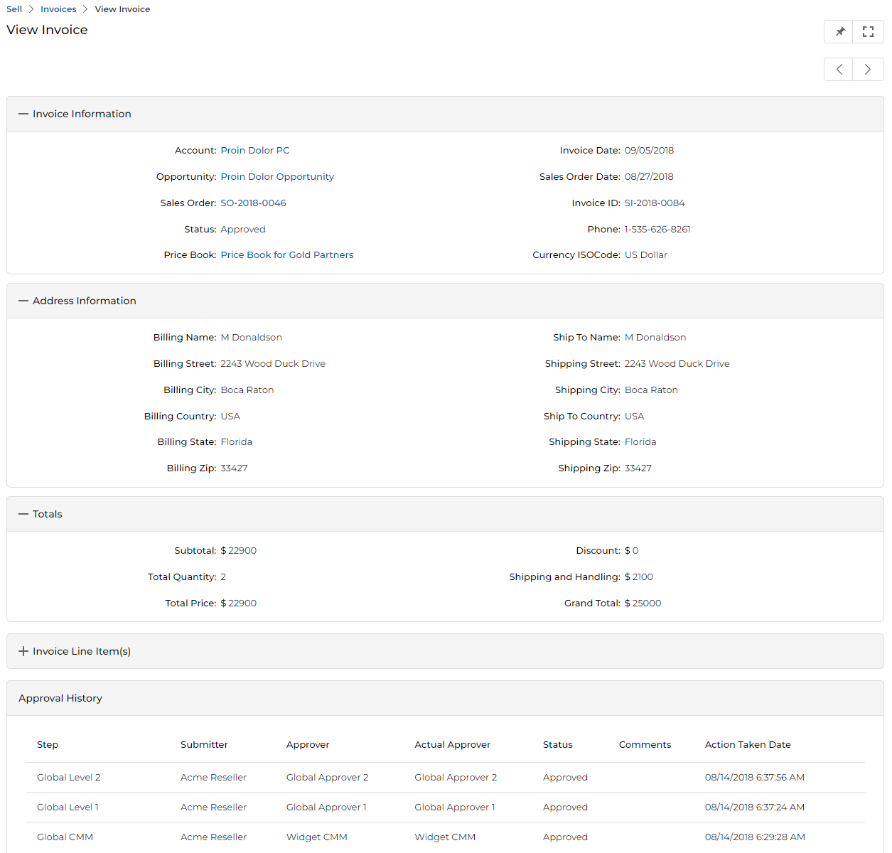 View Invoice detail page showing Invoice Information, Address Information, Totals, Invoice Line Items, and Approval History sections