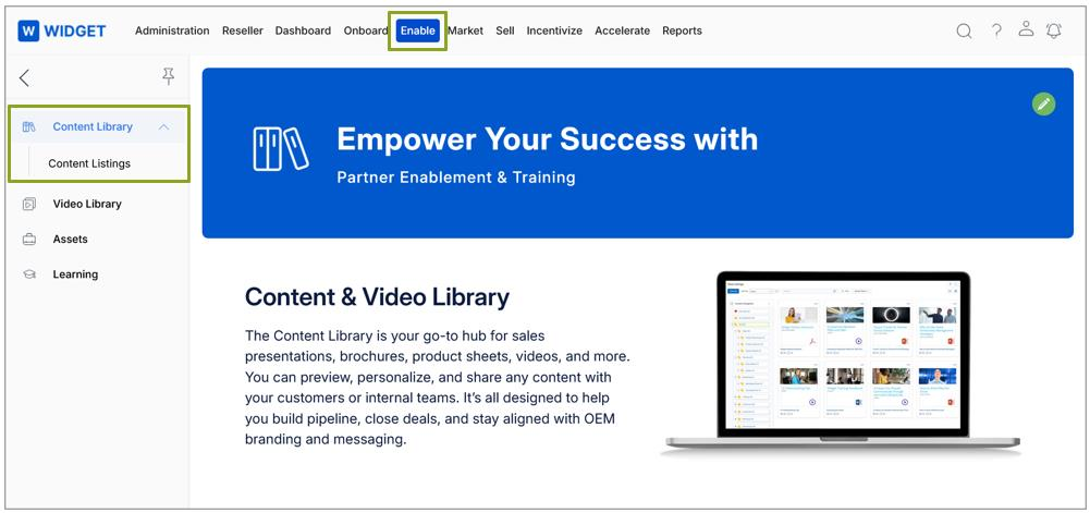 Content Library list view showing content cards with share and download actions