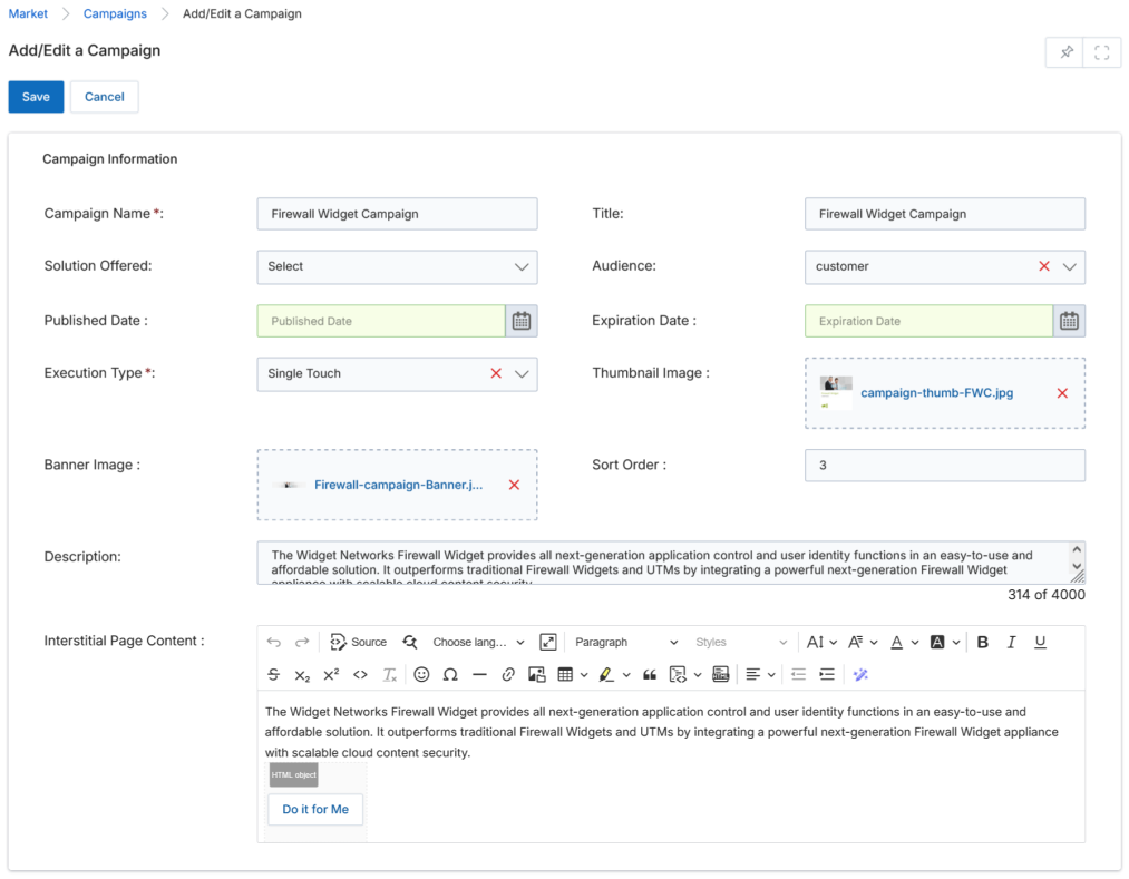 Add/Edit a Campaign page showing Campaign Name, Title, Solution Offered, Audience, Published Date, Expiration Date, Execution Type, Thumbnail Image, Banner Image, Sort Order, Description and Interstitial Page Content fields