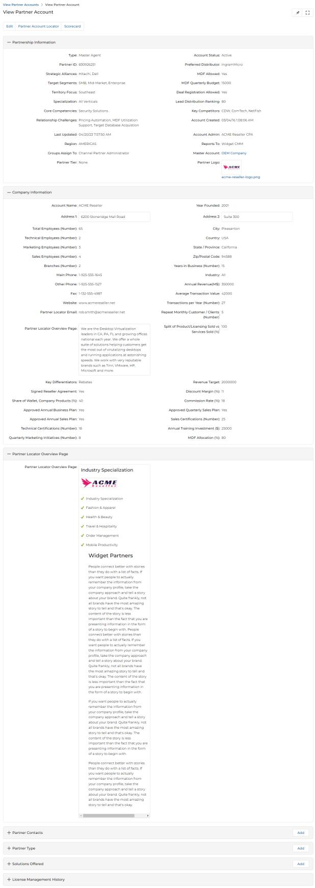 View Partner Account detail page — Partnership Information, Company Information, Partner Locator Overview, and sub-tables