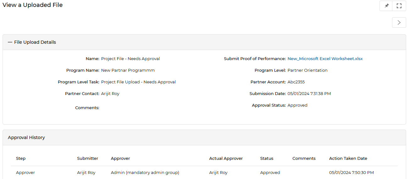 View a Uploaded File — Approval Status: Approved; Approval History showing Arijit Roy as Actual Approver, Action Taken Date: 05/01/2024 7:50:30 PM