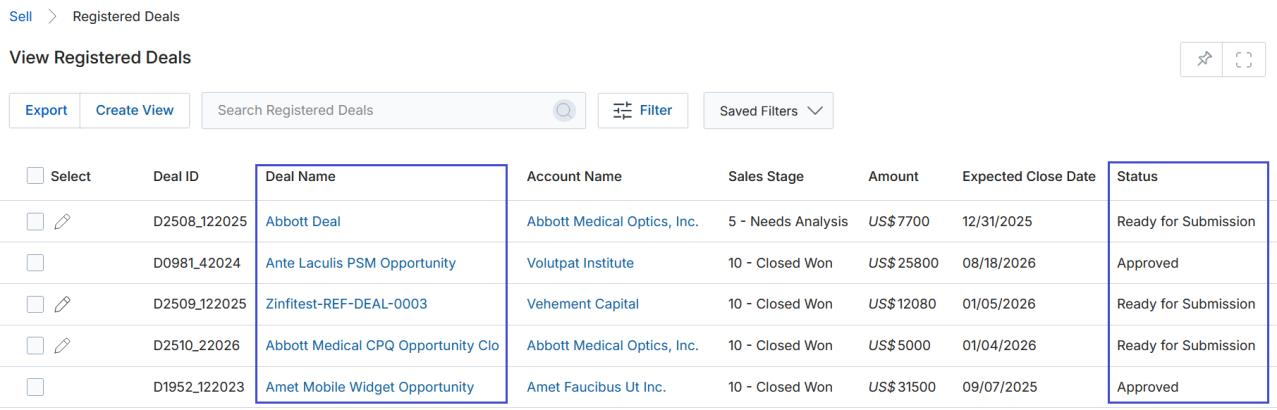 View Registered Deals — list filtered to show deals with Pending Approval status highlighted in the Status column