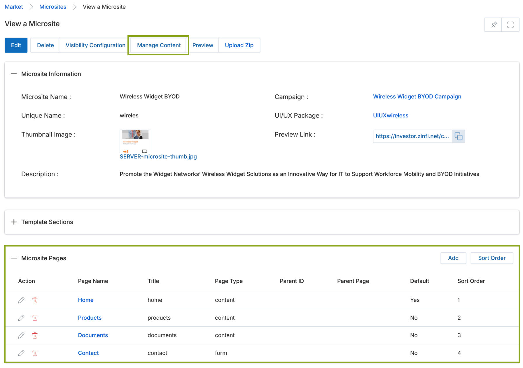 View a Microsite — Wireless Widget BYOD detail page with Microsite Pages section listing Home, Products, Documents, and Contact pages