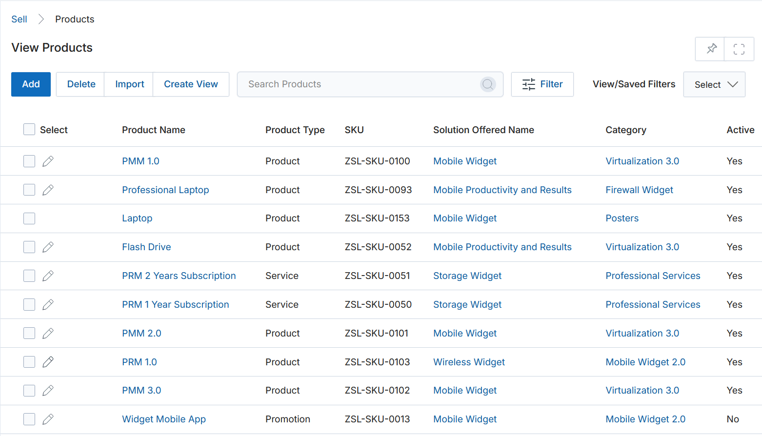 View Products — Import button highlighted in toolbar alongside Add, Delete, Create View