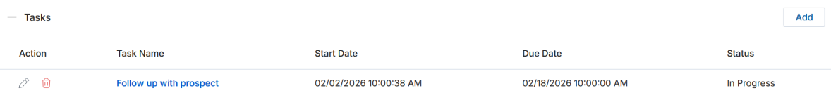Tasks section showing Action icons (edit/delete), Task Name, Start Date, Due Date, and Status columns