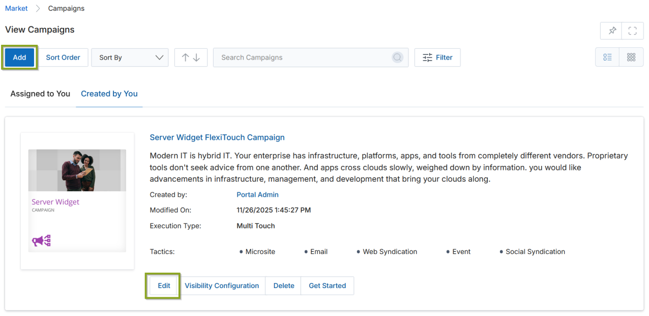 View Campaigns list with Add button highlighted and Edit button visible on the Server Widget FlexiTouch Campaign row