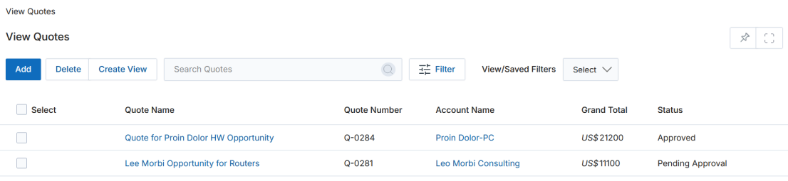 View Quotes list with Add button highlighted