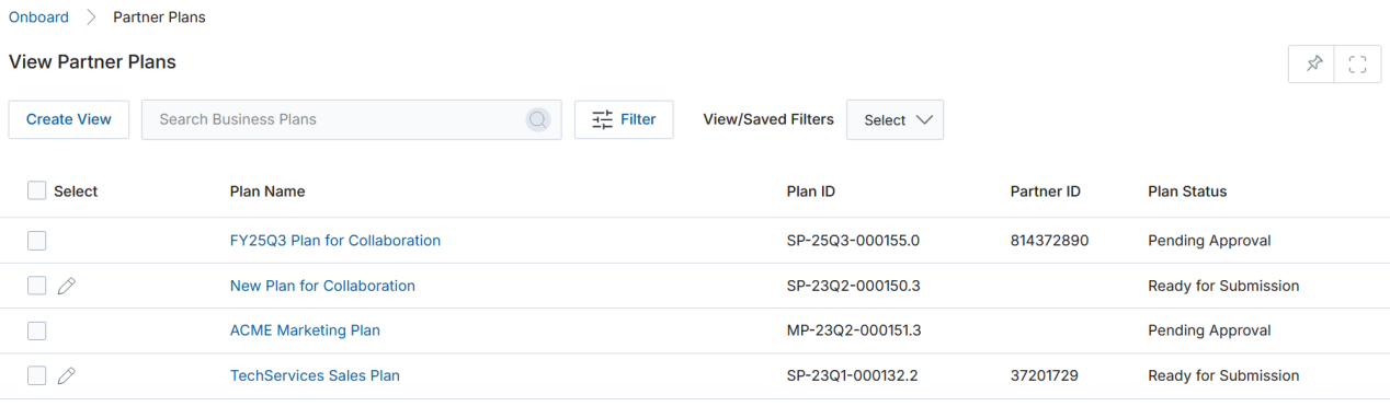 View Partner Plans — listing showing Plan Name, Plan ID, Partner ID, and Plan Status columns