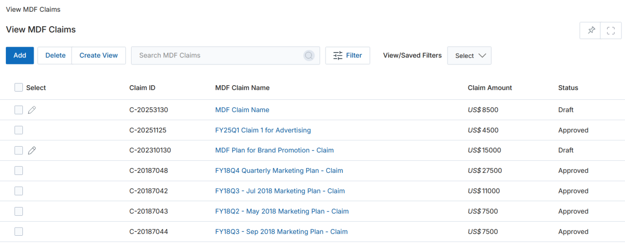 View MDF Claims listing grid showing Claim ID, MDF Claim Name, Claim Amount, and Status columns with Draft and Approved records