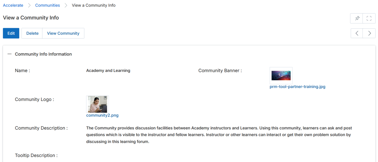 View a Community Info detail page showing Name, Community Banner, Community Logo, and Community Description fields with Edit/Delete/View Community buttons