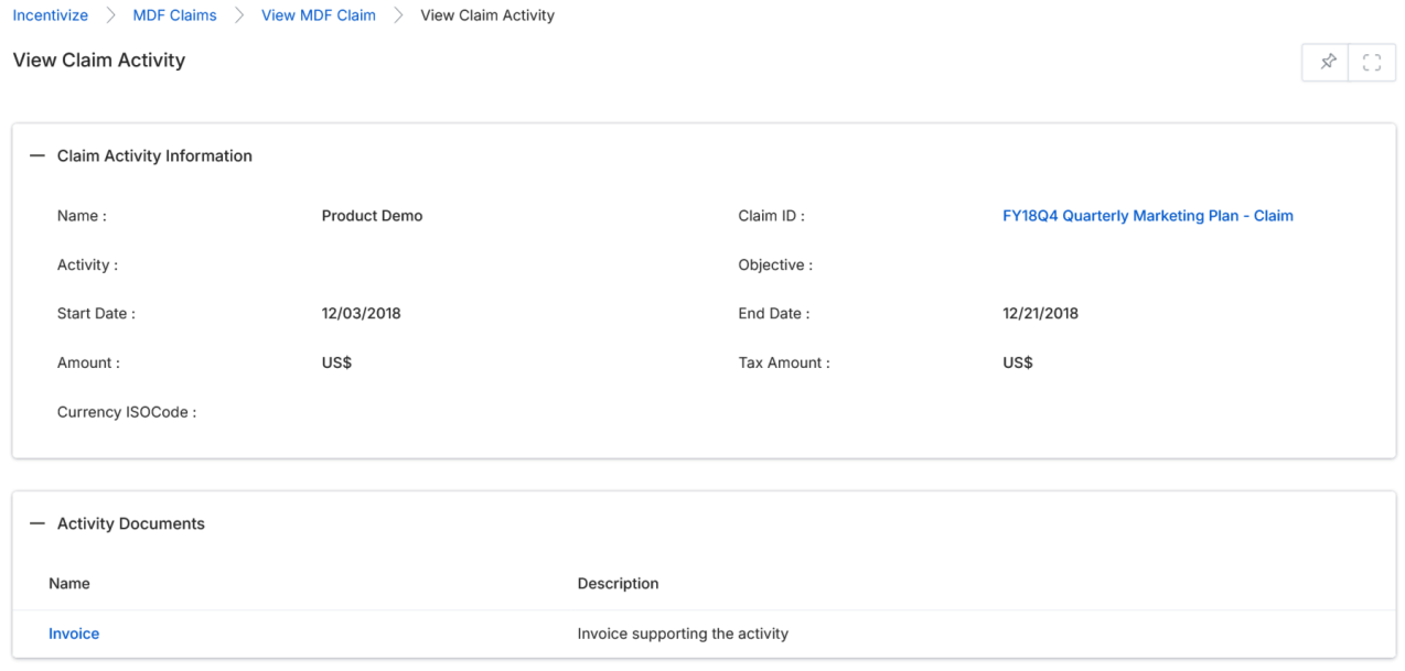 View Claim Activity page showing Claim Activity Information with Name, Claim ID, Activity, Objective, Start Date, End Date, Amount, Tax Amount, Currency ISO Code, and Activity Documents section